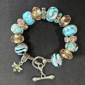 Ornate silver snake Murano glass beaded bracelet with Crystal Rondelles